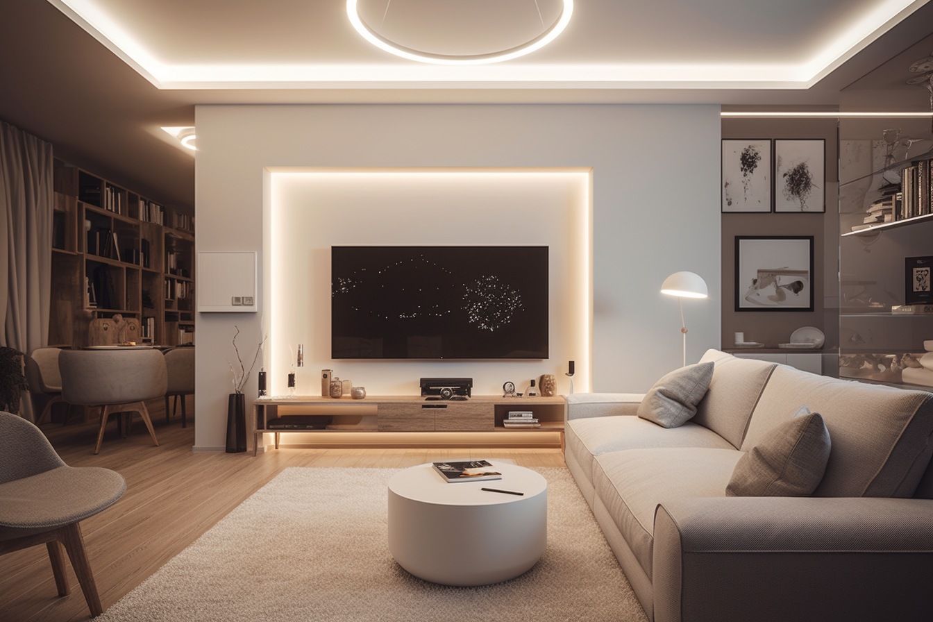 Smart Home Wohnzimmer mit indirektem Licht an der Decke
