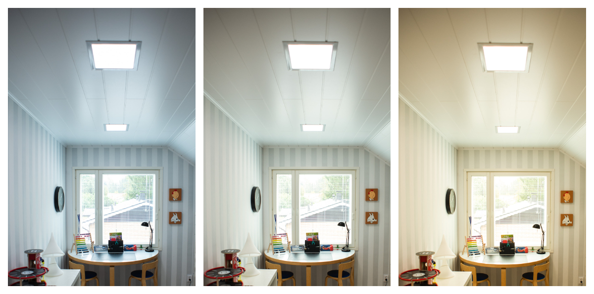 Das Ändern der Farbtemperatur des Lichts auf einem LED-Panel verändert das Aussehen des gesamten Raums