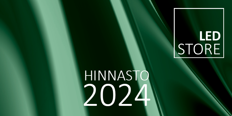 Tummanvihreä abstrakti tausta, jossa on virtaavia linjoja. Valkoisella tekstillä lukee „HINNASTO 2024.“ Wir haben uns auf den neuesten Stand gebracht, als ich „LED STORE“ nannte und die LED-Innovationssoftware nutzte.