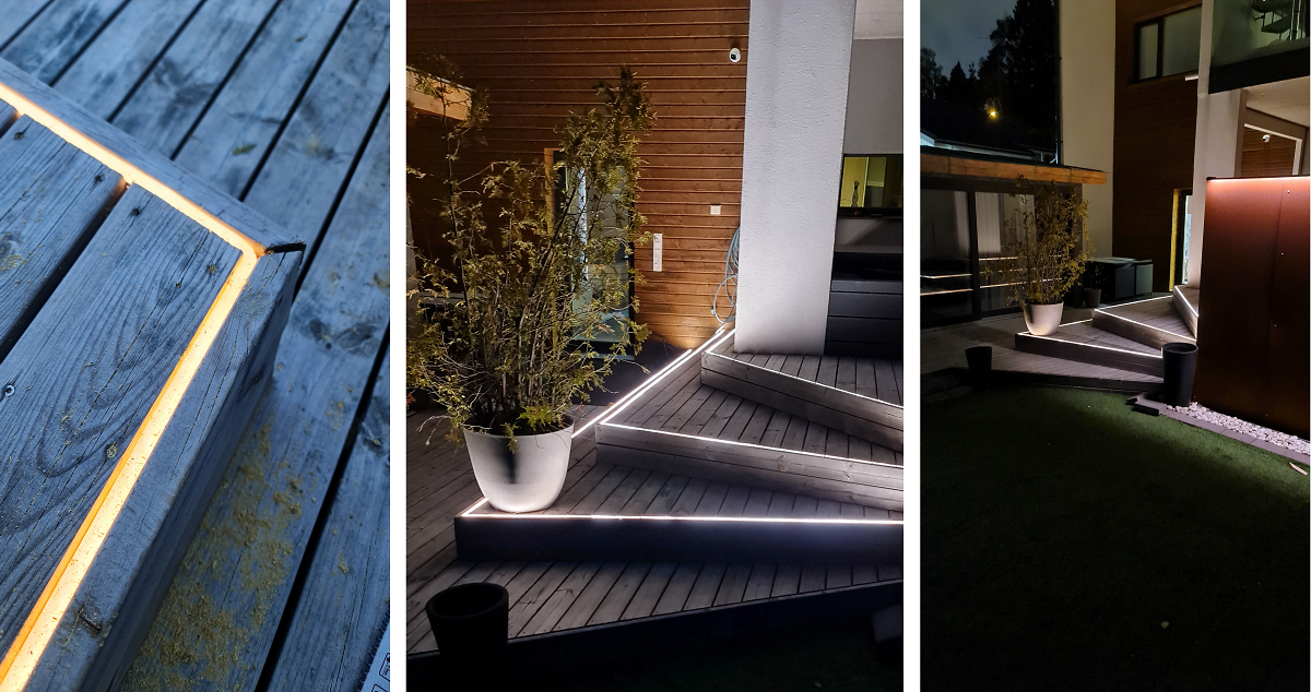 Kolmen kuvan kollaasi esittelee LedStore.fi:n LED-nauhavalaistuksella varustetut puiset terassiportaat yöllä. Yhdessä kuvassa korostuu valaistu porrasreuna, kun taas muissa kuvissa näkyy LED-valoin loistava ulkotila, joka on täydentynyt istutusaltailla ja modernilla arkkitehtuurilla.